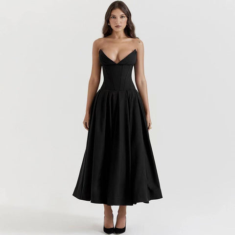Fashion Tube Top Dress With Pockets Summer Backless Fishbone-Black-10