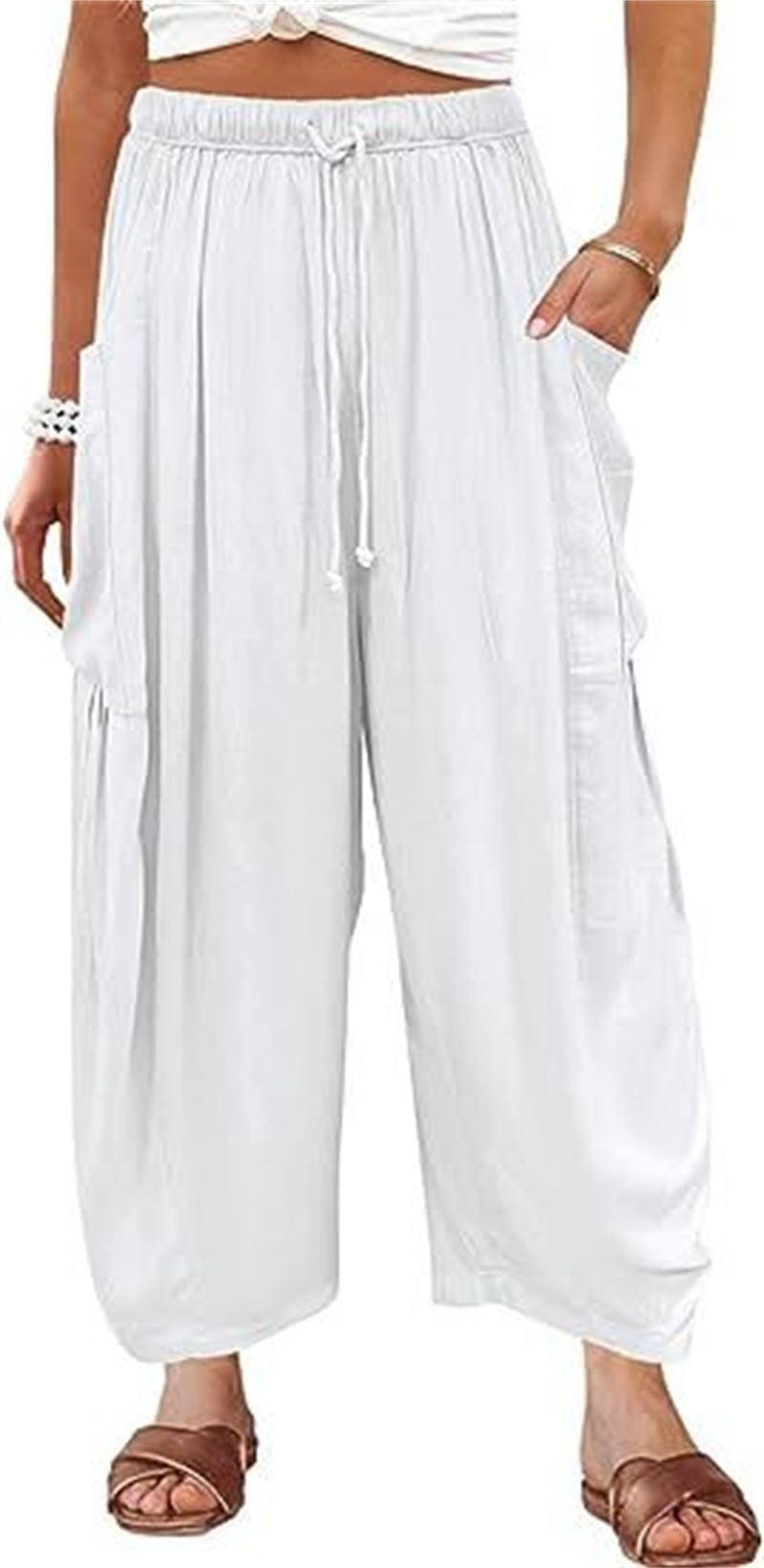 Fashion Wide Leg Pants Summer Loose Elastic High Waist-White-10