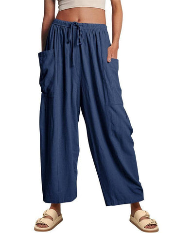 Fashion Wide Leg Pants Summer Loose Elastic High Waist-Dark Blue-11
