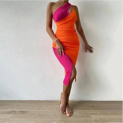 Fashion Women's Irregular Splicing Dress Slanted Shoulder-1