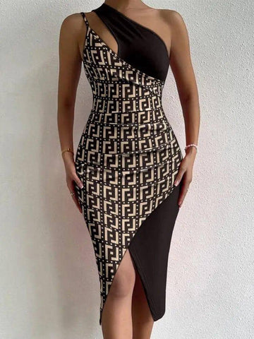 Fashion Women's Irregular Splicing Dress Slanted Shoulder-Black-2