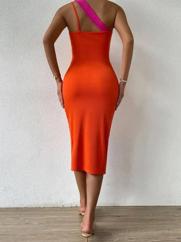 Fashion Women's Irregular Splicing Dress Slanted Shoulder-3