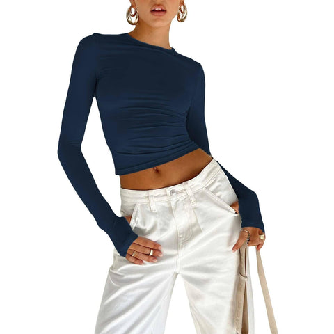 Fashion Women T-shirt Long Sleeve Crew Neck Solid Slim Fit-Blue-14