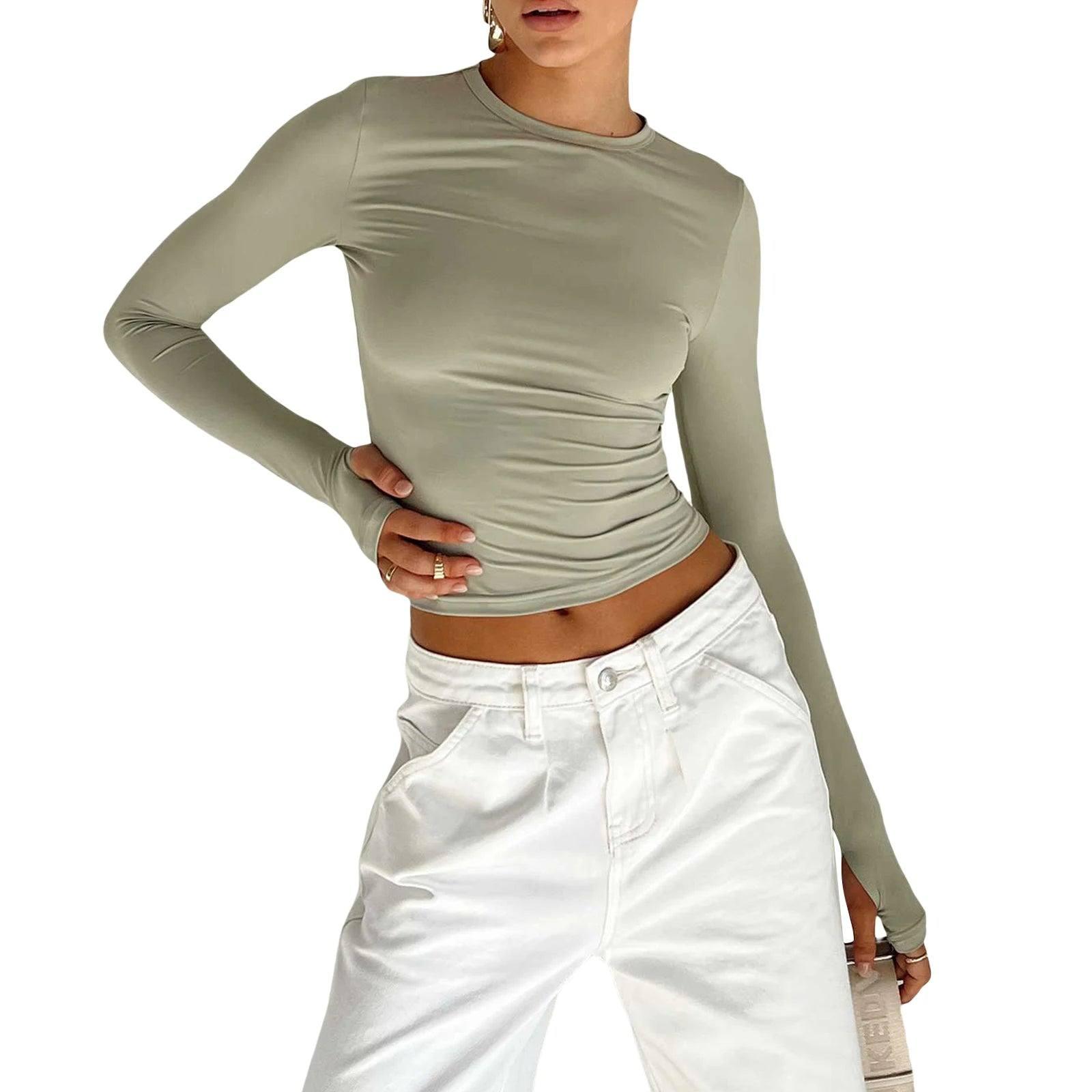 Fashion Women T-shirt Long Sleeve Crew Neck Solid Slim Fit-green-17
