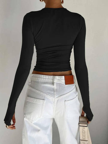 Fashion Women T-shirt Long Sleeve Crew Neck Solid Slim Fit-1