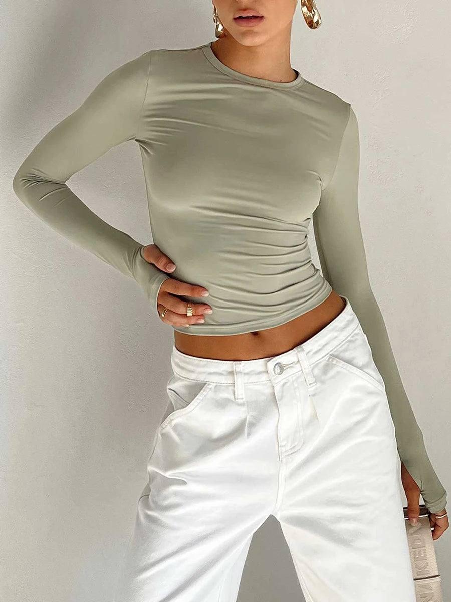 Fashion Women T-shirt Long Sleeve Crew Neck Solid Slim Fit-2