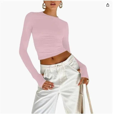 Fashion Women T-shirt Long Sleeve Crew Neck Solid Slim Fit-Pink-20