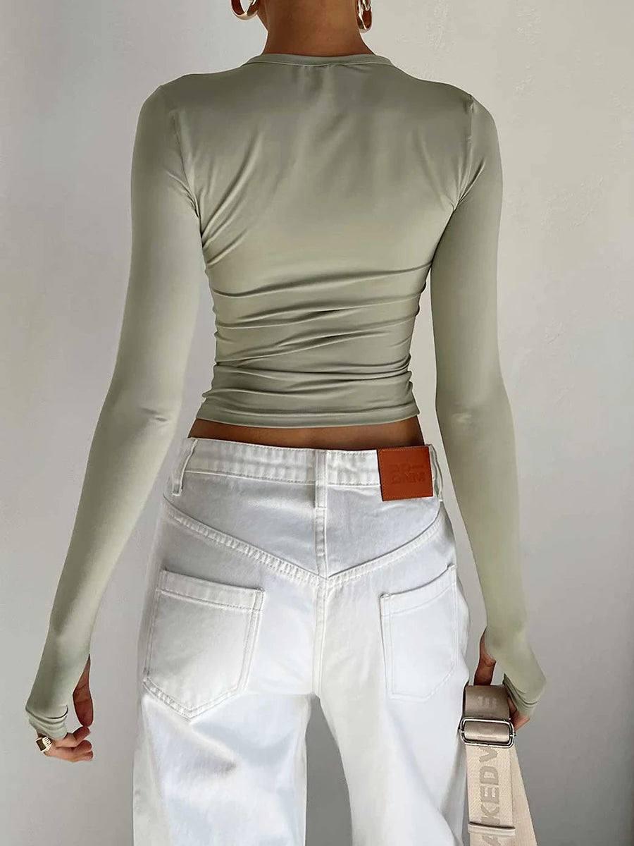 Fashion Women T-shirt Long Sleeve Crew Neck Solid Slim Fit-3