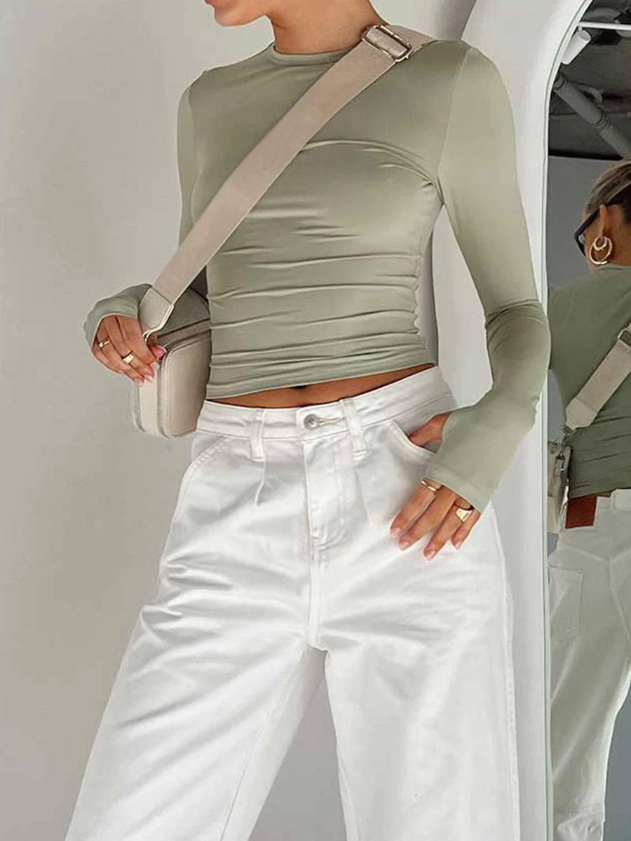Fashion Women T-shirt Long Sleeve Crew Neck Solid Slim Fit-4