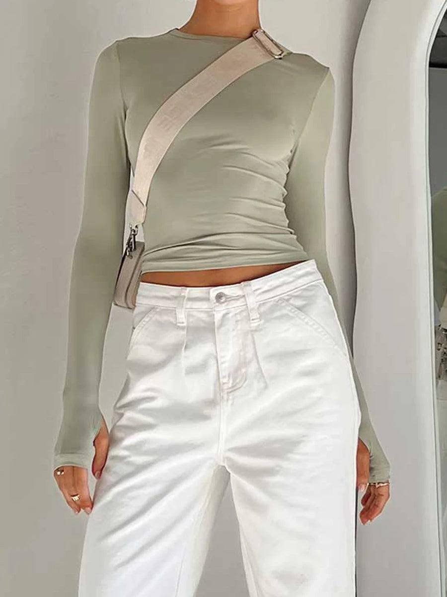 Fashion Women T-shirt Long Sleeve Crew Neck Solid Slim Fit-5