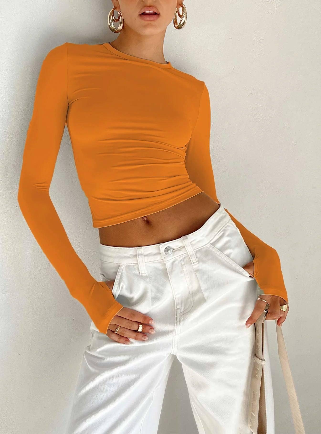 Fashion Women T-shirt Long Sleeve Crew Neck Solid Slim Fit-Orange-7