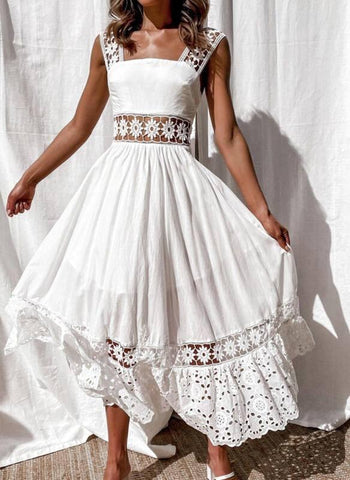 Fashionable lace sleeveless patchwork large hem long dress-white-1