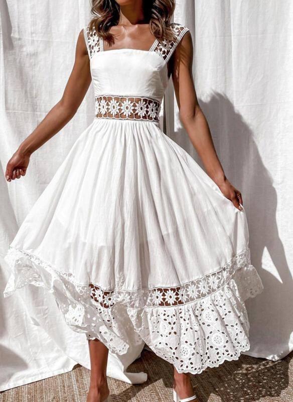 Fashionable lace sleeveless patchwork large hem long dress-3