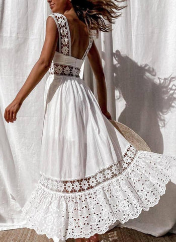 Fashionable lace sleeveless patchwork large hem long dress-4