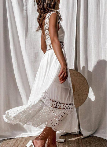 Fashionable lace sleeveless patchwork large hem long dress-5