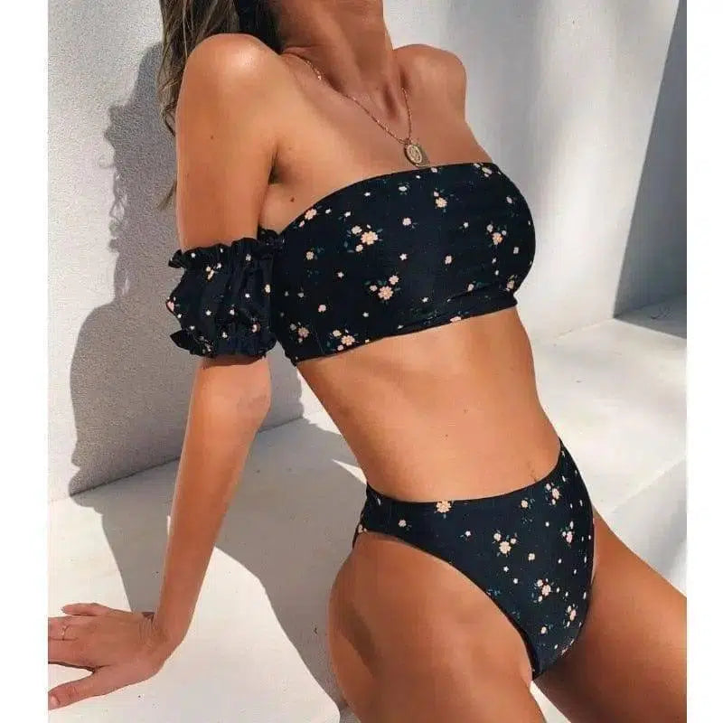 Floral bikini swimsuit-Black-1