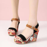Floral Embroidered High Wedge Sandals-Black-2