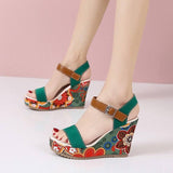 Floral Embroidered High Wedge Sandals-Green-7