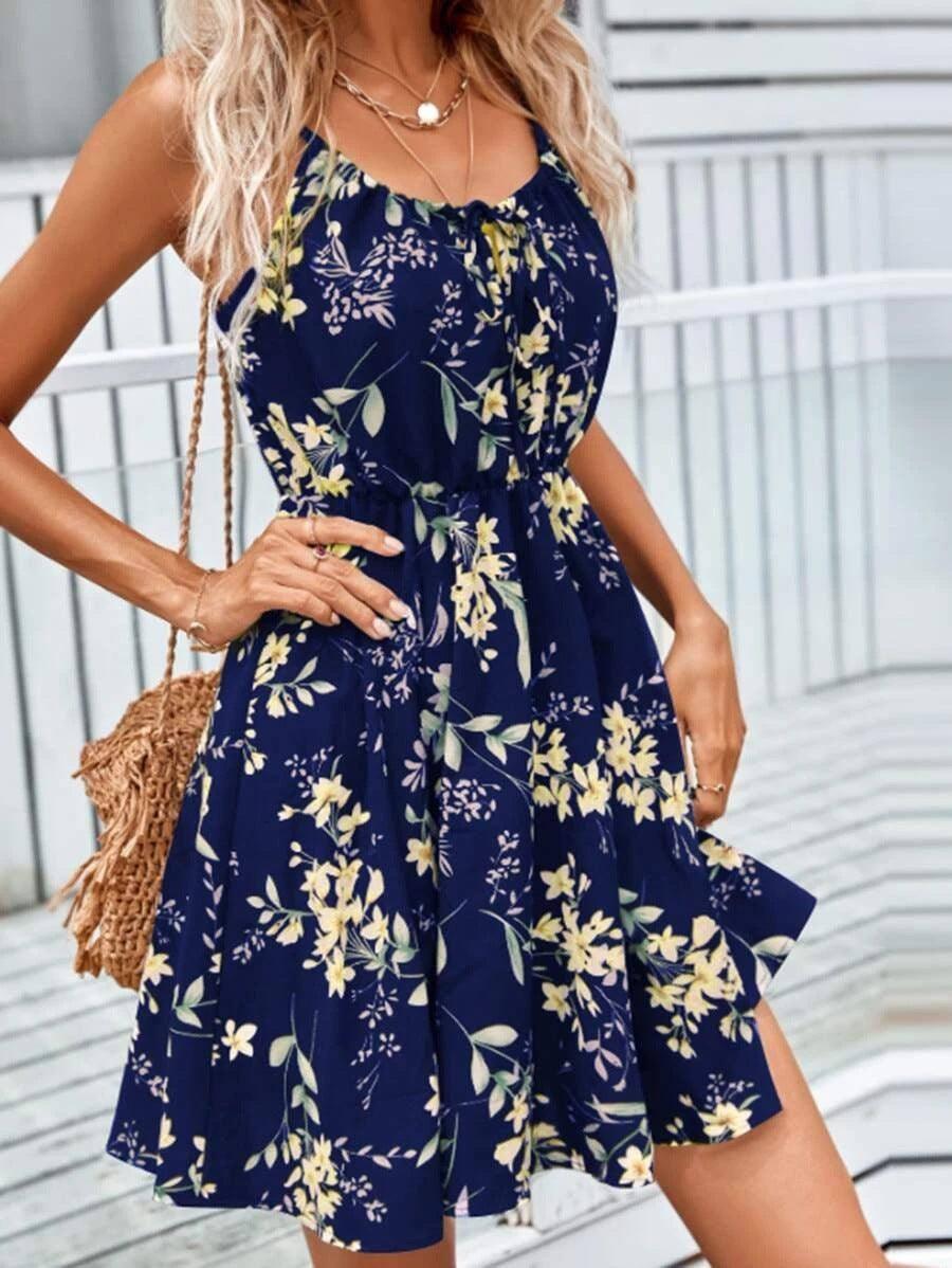 Floral Print Suspender Dress With Elastic Waist Design-Navy Blue-4