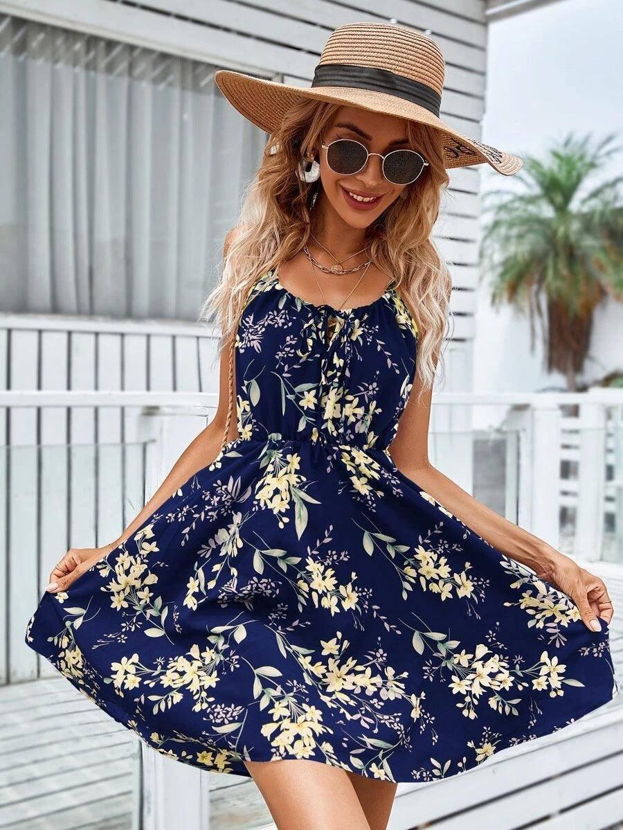 Floral Print Suspender Dress With Elastic Waist Design-9