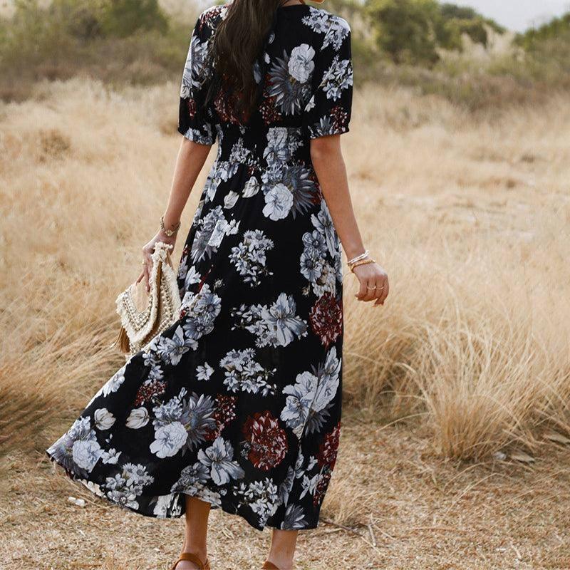 Floral Summer Beach Dress With V Neck Elastic Waist Dresses-6