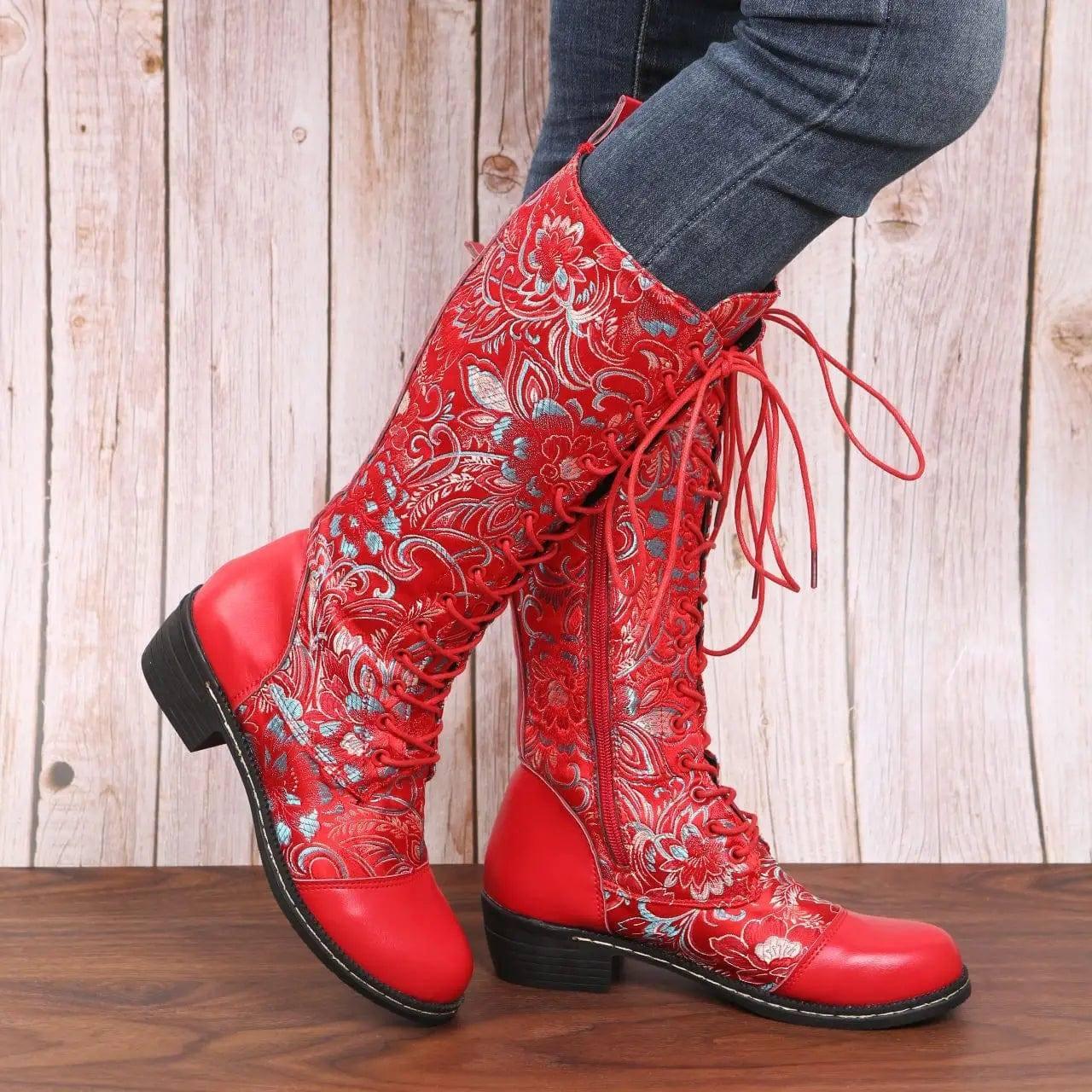 Flowers Print Long Boots WInter Retro Ethnic Style Shoes-2
