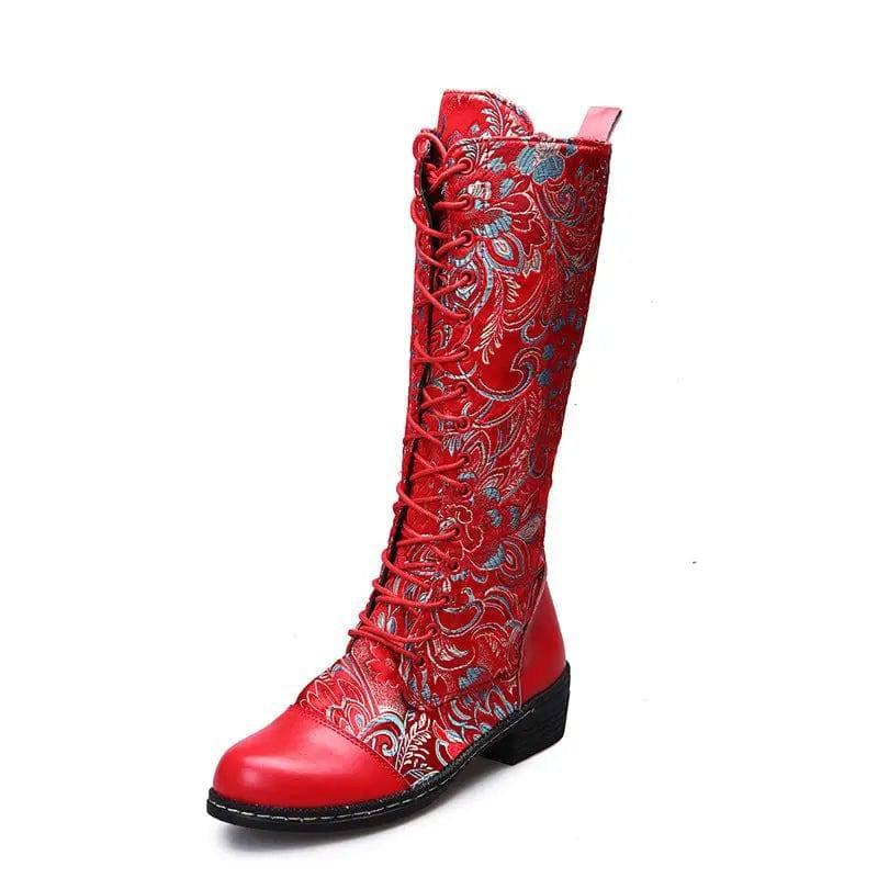 Flowers Print Long Boots WInter Retro Ethnic Style Shoes-Red-7