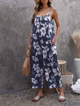 Flowers Print Suspender Jumpsuit With Pockets Spring Summer-Navy Blue-7