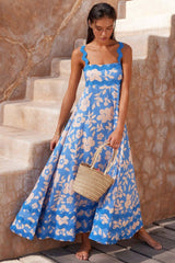 Flowers Print Wavy Pattern Suspender Long Dress For Women-Light Blue-4