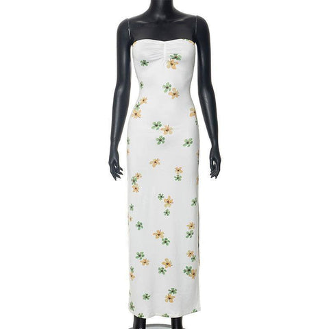 Fold Floral Dress High Waist Long Skirt Printed Tube Top-White-5