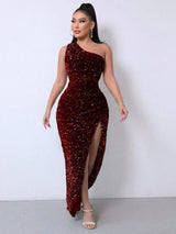 Foreign Trade Sleeveless One Shoulder Slash Neck Sequins-Claret Red-15