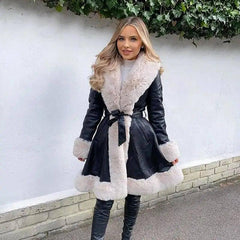 Fur coat with lotus leaf hem and faux leather belt-White-1