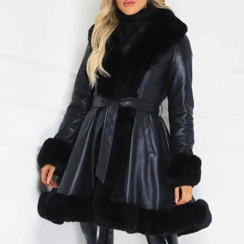 Fur coat with lotus leaf hem and faux leather belt-Black-3