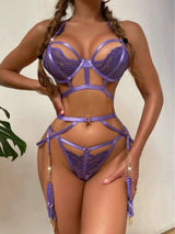 Garment Three-piece Lace Embroidered Erotic Lingerie Uniform-Purple-1