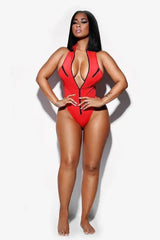 Gathered Sexy Bikini Ladies One-Piece Zipper Swimsuit-Red-7