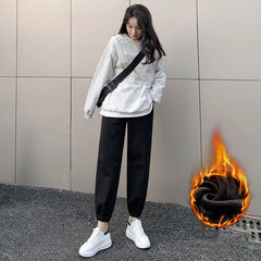 Gray Casual Pants Female Student Autumn And Winter-Black plush-2