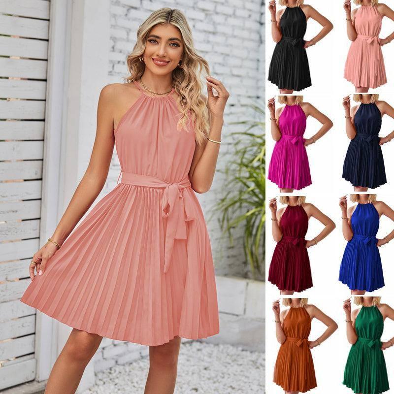 Halter Strapless Dresses For Women Solid Pleated Skirt-10