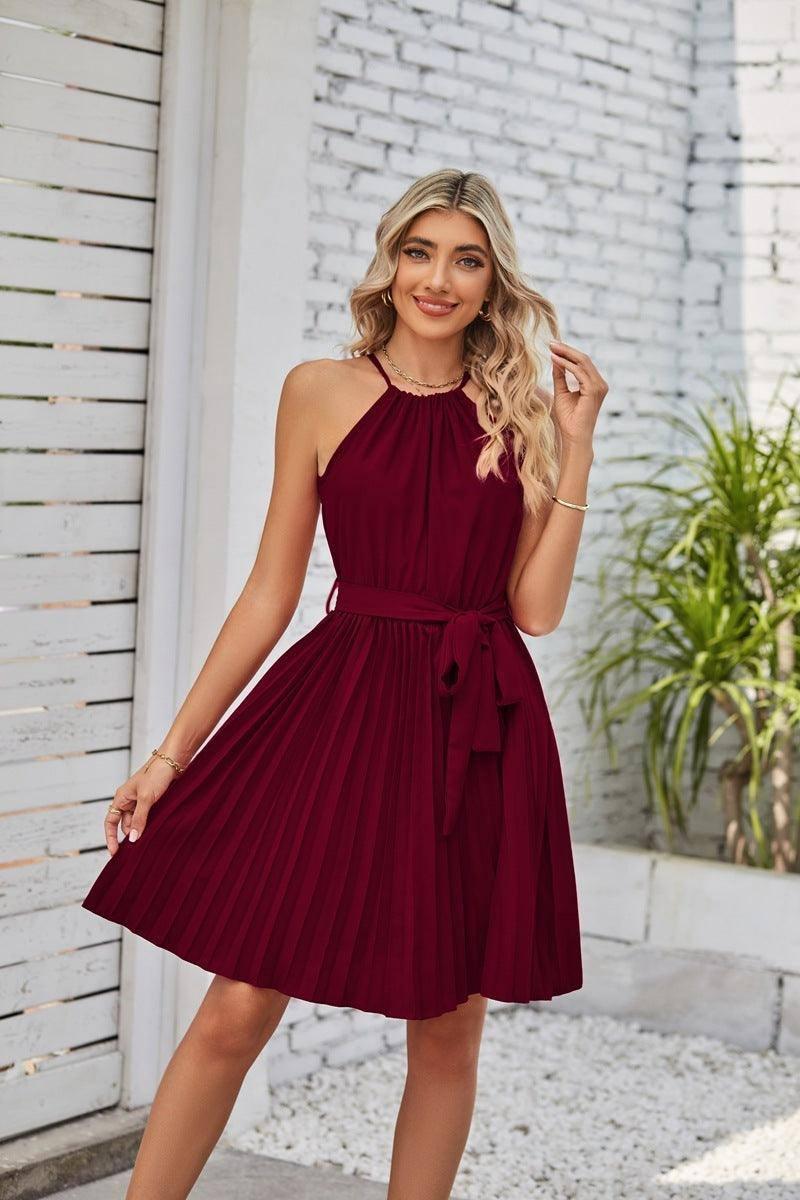 Halter Strapless Dresses For Women Solid Pleated Skirt-Burgundy-3