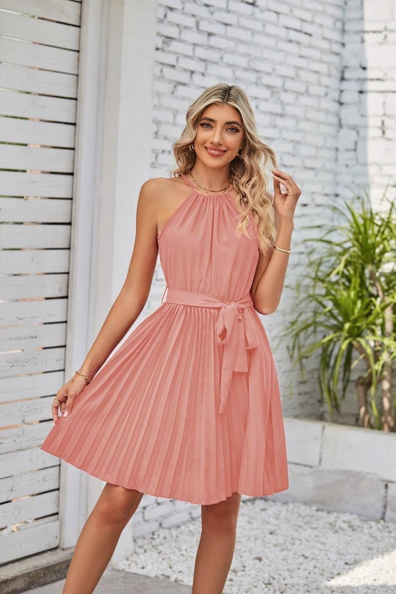 Halter Strapless Dresses For Women Solid Pleated Skirt-Pink-7