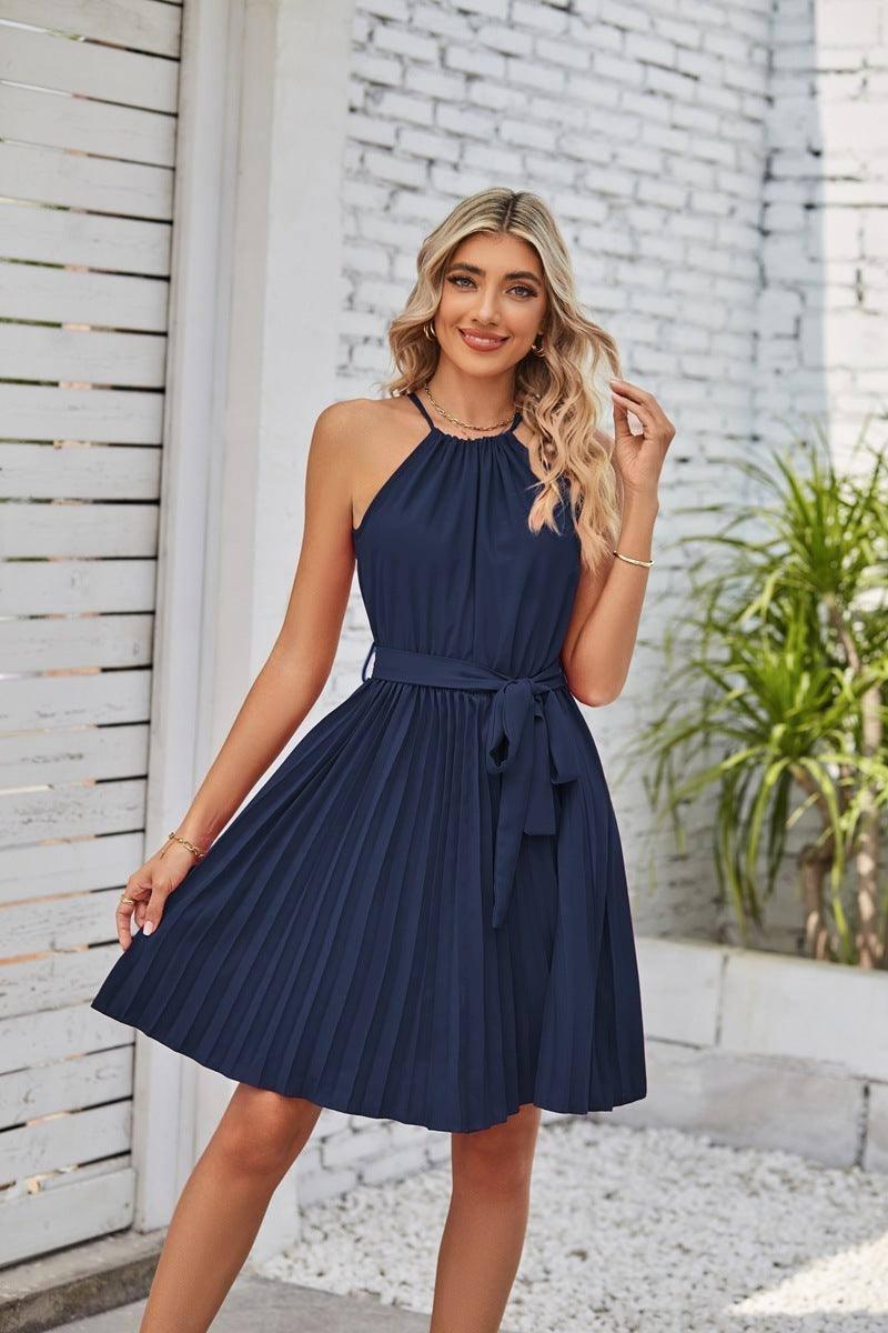 Halter Strapless Dresses For Women Solid Pleated Skirt-Navy-9
