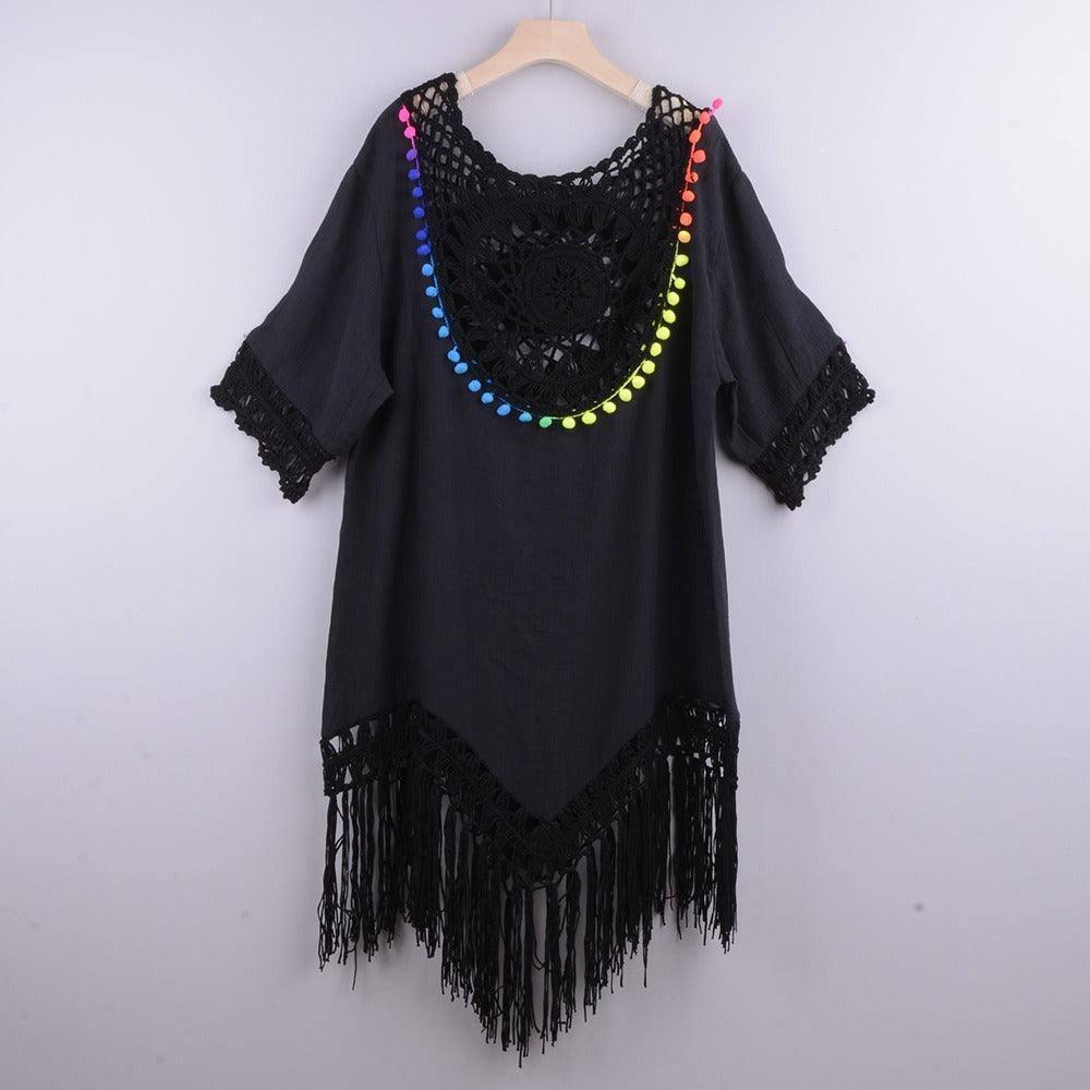 Hand Hook Large Circular Patchwork Loose Tassel Resort Style-Black-10