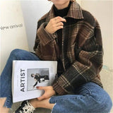 Harajuku Style Women's Mid-length Loose Plaid Woolen Coat-Coffee-3