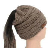 High Bun Ponytail Beanie Hat Chunky Soft Stretch Cable Knit-Khaki-4