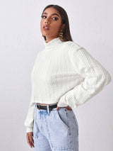 High Collar Long Sleeve Knitted Solid Loose Sweater For-White-3