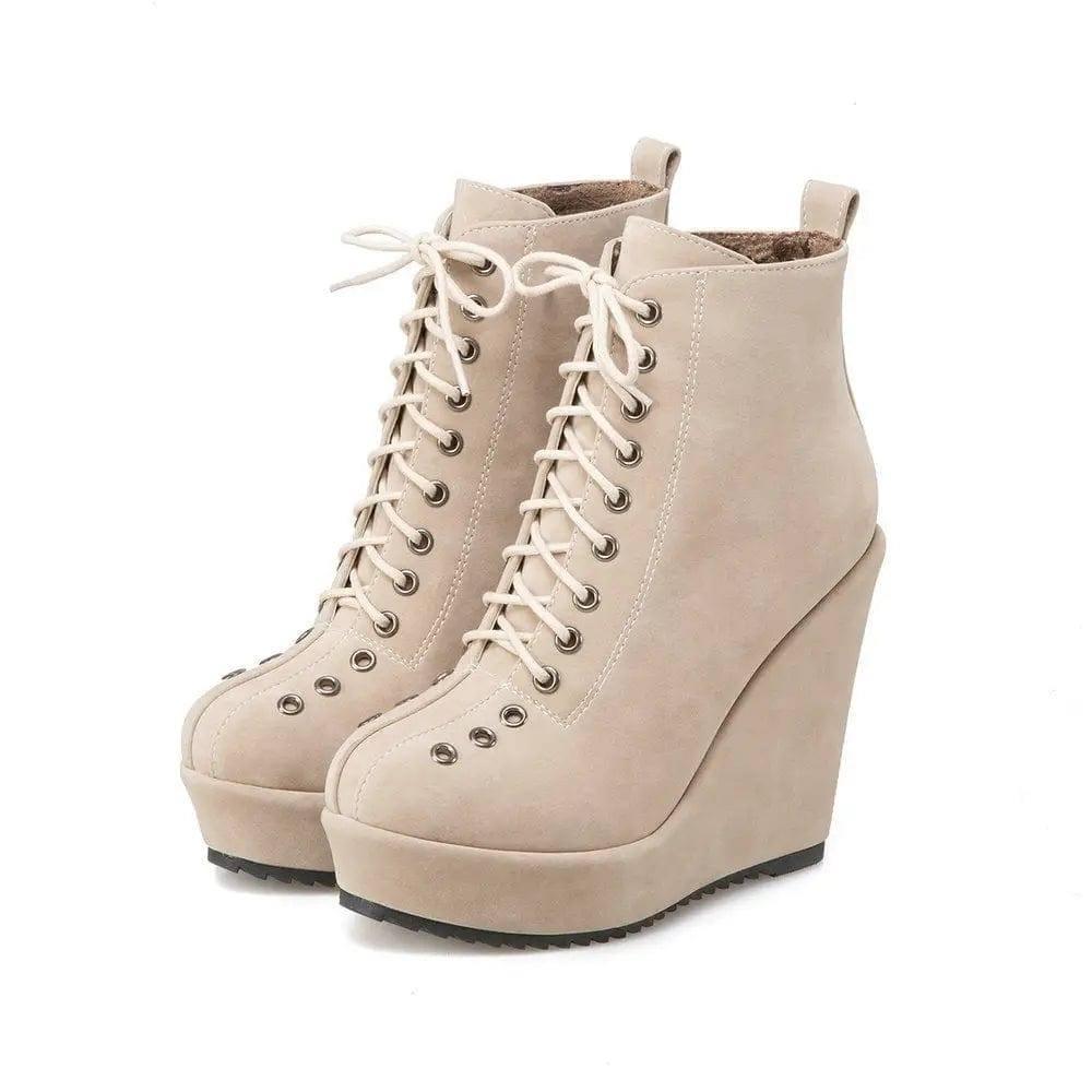 High-heeled Sponge Cake Was Thin Suede Lace-up Martin Boots-Beige-4