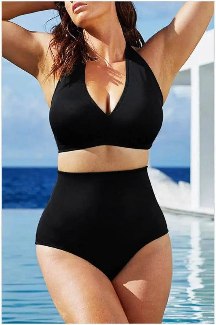 High waist bikini split chest pad swimsuit-Black-2