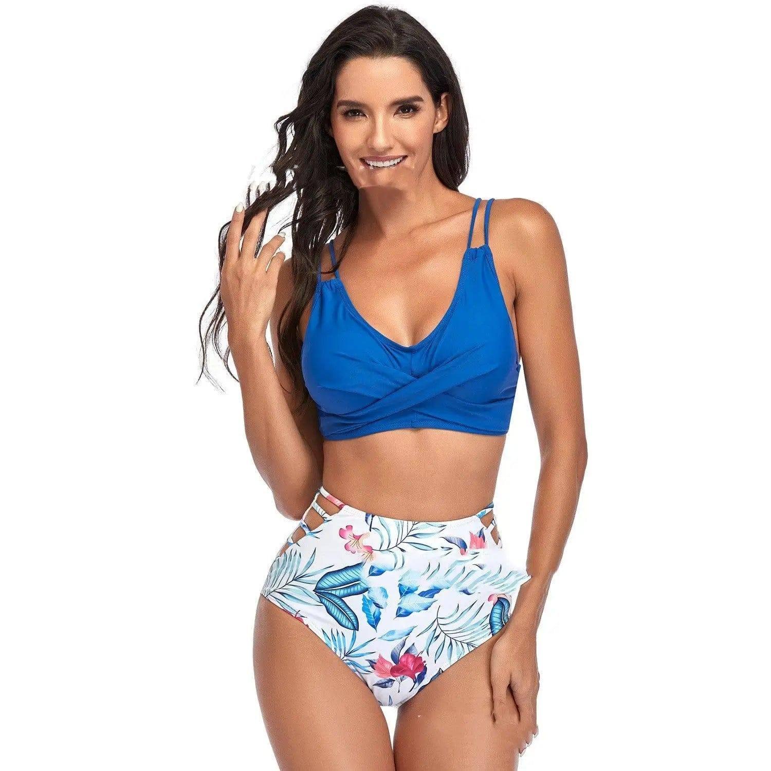 High-Waist Hollow Swimsuit Sexy Gathered Bikini European-Blue-1