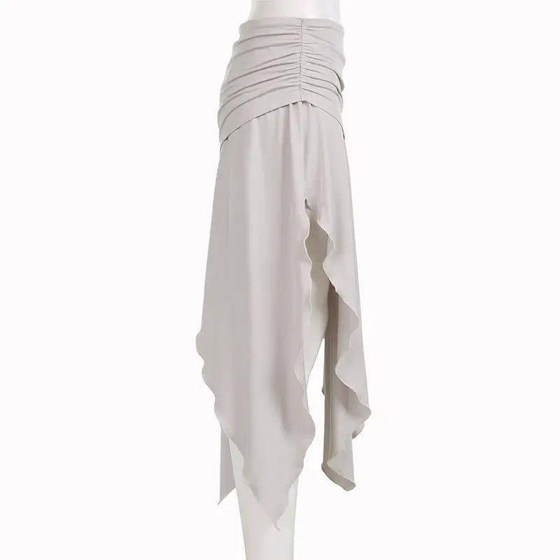 High Waist Pleating Irregular Slit Long Skirt-10