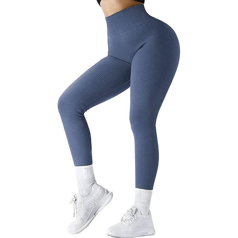 High Waist Seamless Leggings Threaded Knitted Fitness Pants-Blue-14