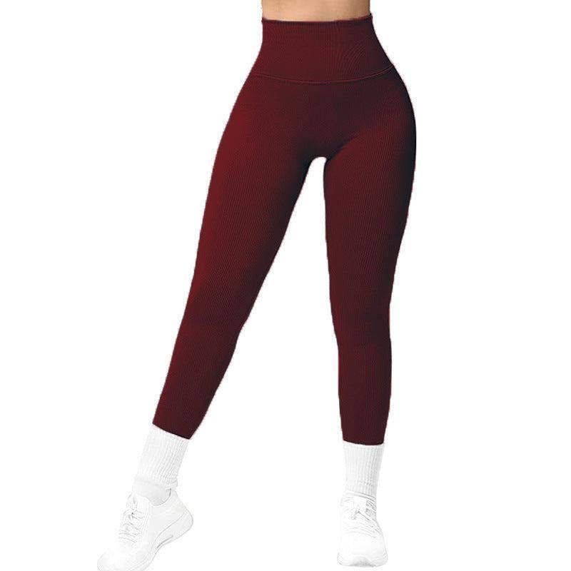 High Waist Seamless Leggings Threaded Knitted Fitness Pants-Wine Red-20